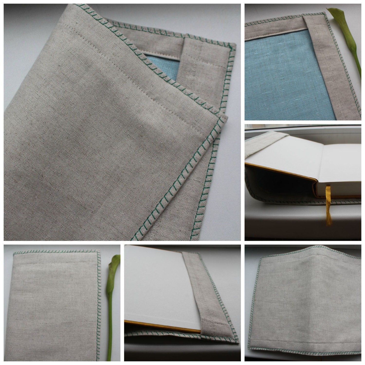 Linen Book Cover with Decorative Embroidery Book Jacket