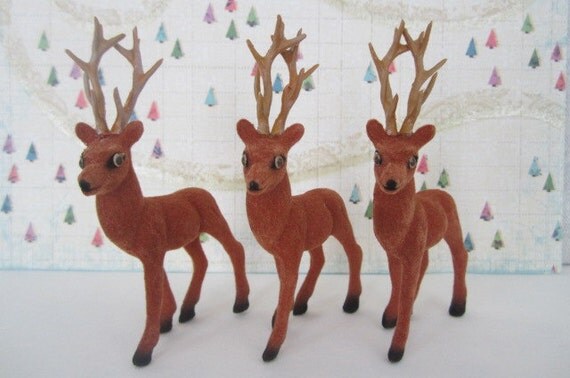 set of three mini flocked reindeer vintage inspired flocked set of three mini flocked reindeer vintage inspired flocked
