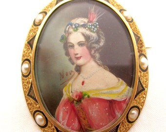 Antique Edwardian 22k GOLD PORTRAIT PENDANT Brooch Framed 22k Gold Taille d’ Epargne Pearls Hand Painted Portrait Pin Pendant