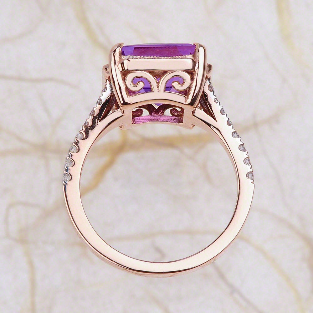Amethyst Engagement Ring 14kt Rose Gold Spilt Shank Halo