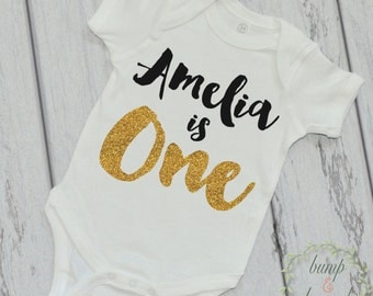 First Birthday Outfit Girl First Birthday Shirt PERSONALIZED One Year Old Shirt Gold Glitter Shirt Golden Birthday 091
