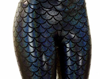 Black Metallic Dragon Scale Mermaid High Waist Leggings Holographic Lycra Spandex 151420