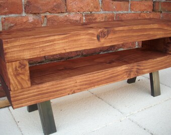 Low Industrial Style Chunky Slim Rustic Tv Stand Finished In Cherry Metal Legs Low Industrial Style Chunky Slim Rustic Tv Stand Finished In Cherry Metal Legs