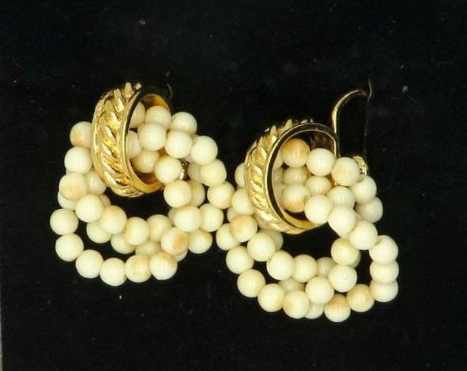 Vintage Avon Earrings, Faux Pearl Hoops, Dangling Bead Earrings, Gold Tone Clip on Earrings