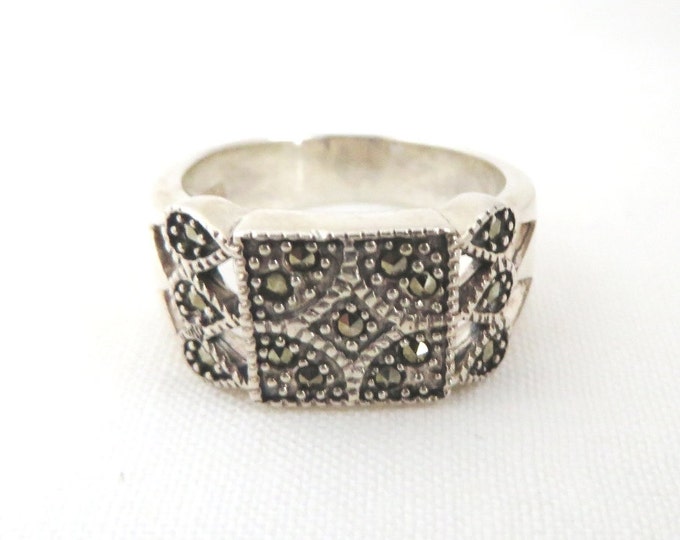 Sterling Silver Ring - Vintage Beaded Marcasite Wide Band Ring, Size 7, Gift for Her