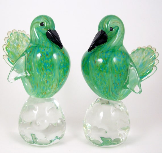 Vintage Venetian Murano Bird Figurine Pair Art Glass Green W