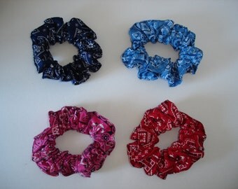 Bandanna Fabric Scrunchies 100% Cotton 4 Colors Red Blue Pink Light Blue Made in USA