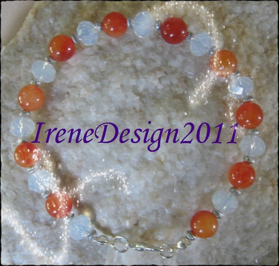 Handmade Silver Bracelet with Orange Topaz & Facetted White Opal by IreneDesign2011