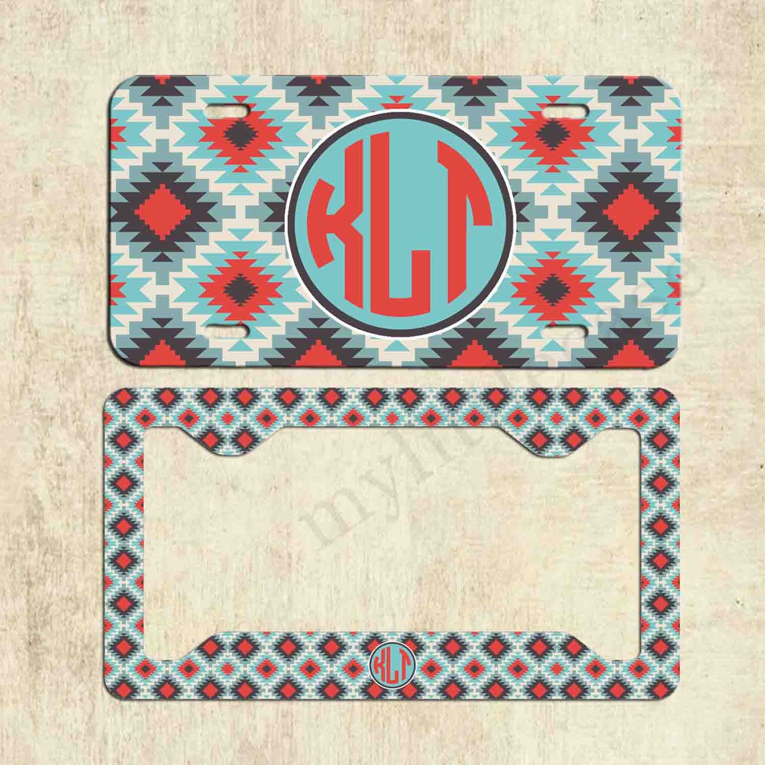 Monogram License Plate Frame Aztec Tribal Personalized