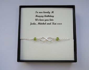 Infinity bracelet gift, Sterling silver Infinity peridot bracelet, Infinity bracelet, August birthstone bracelet, Friendship gift