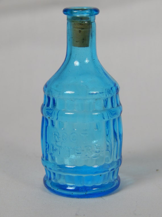 Items similar to Vintage Miniature "Root Bitters" Blue Bottle By