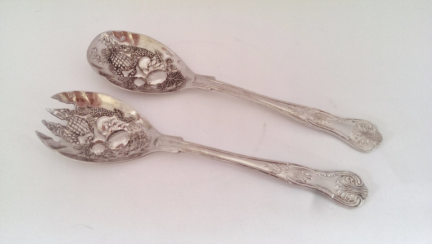 Silver Plated Salad Fork & Spoon Set, Serving Utensils Fruit Design