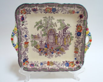 Mason's China Mulberry Polychrome Cake Plate Scenic Castle Ruins