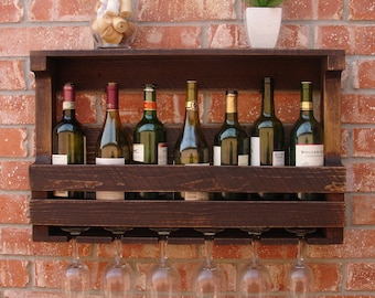 Rustic 7-8 Bottle Wallmount Wine Rack with 6 Glass Slot Holder and Top Shelf