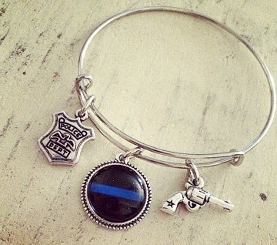 Items similar to THIN BLUE LINE Police charm bangle Blue Lives Matter