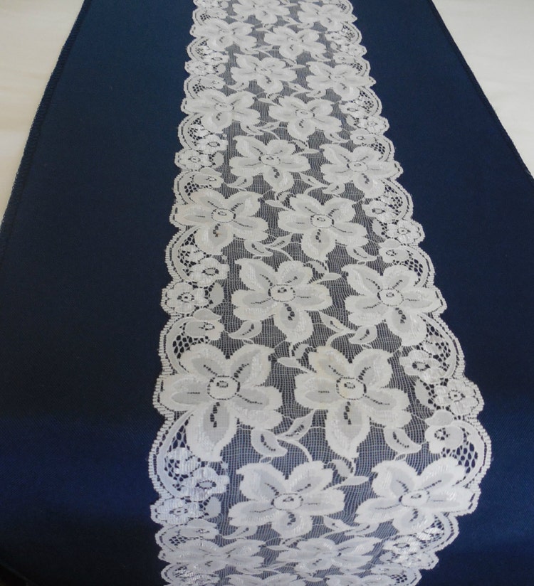 Wedding table runner navy blue and white lace by YourWeddingSupply