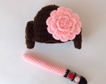 Princess Leia Hat With Big Flower And Light Saber From Star Wars For Baby Girl Newborn to Adult - Halloween / Cosplay