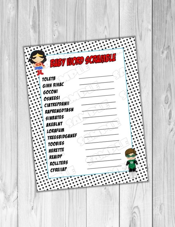 Superhero Baby shower game word scramble game Printable