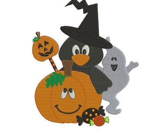 Pumpkin Crow and Ghost Halloween Filled Machine Embroidery Digitized Design Pattern - Instant Download - 4x4 , 5x7, and 6x10