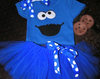 Baby Cookie Monster Costume with body suit, tutu and hairbow