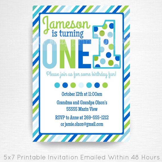 Blue Green First Birthday Party Printable Invitation YOU Print