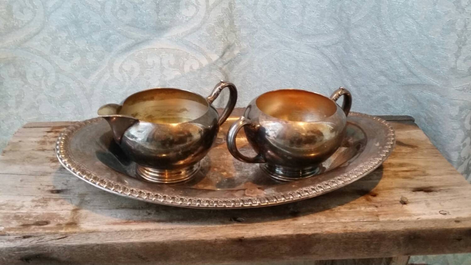 Vintage silver plated sugar bowl, creamer bowl and tray set Haute Juice