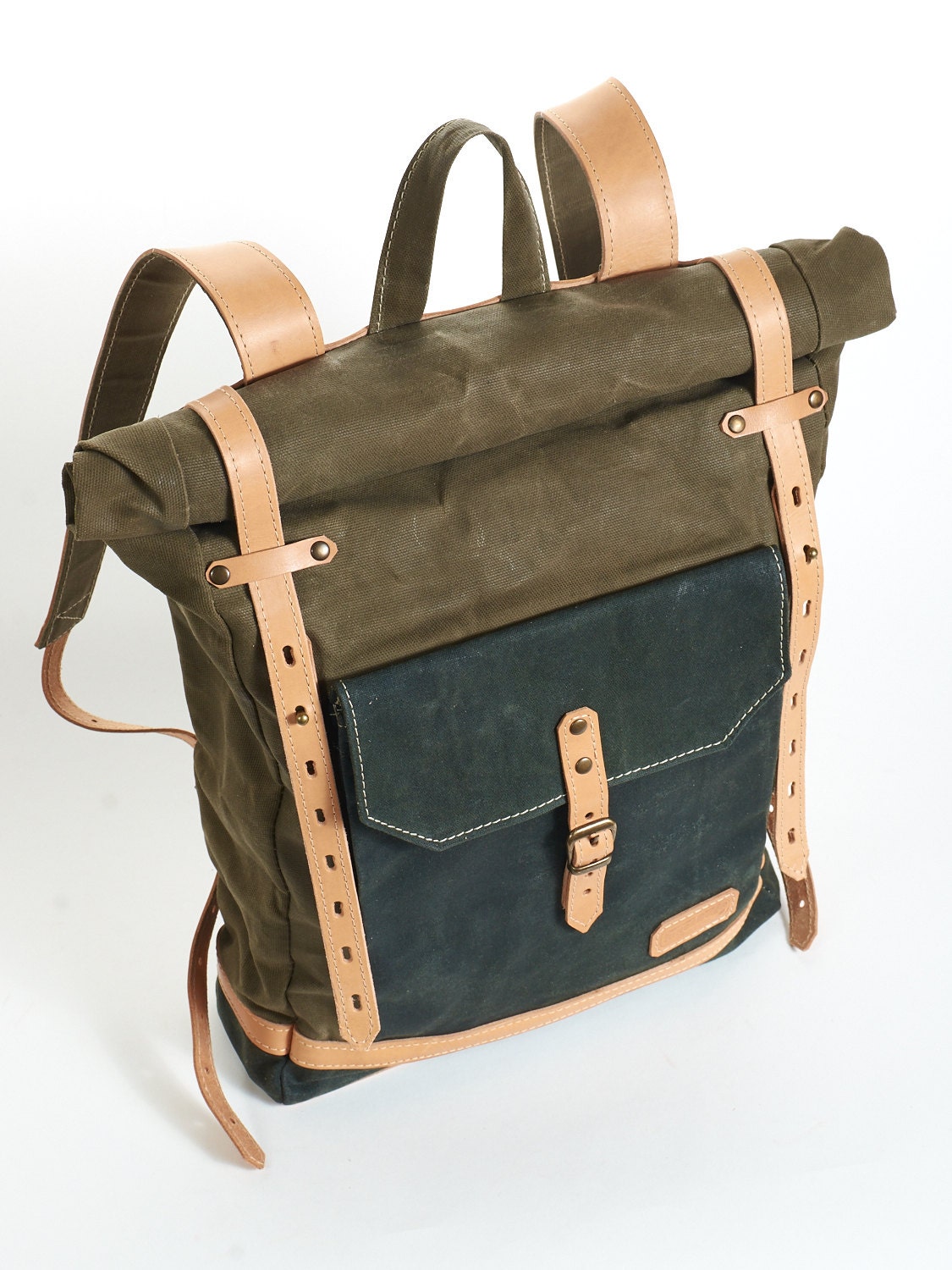 Olive green waxed canvas school backpack. Waxed canvas bag.