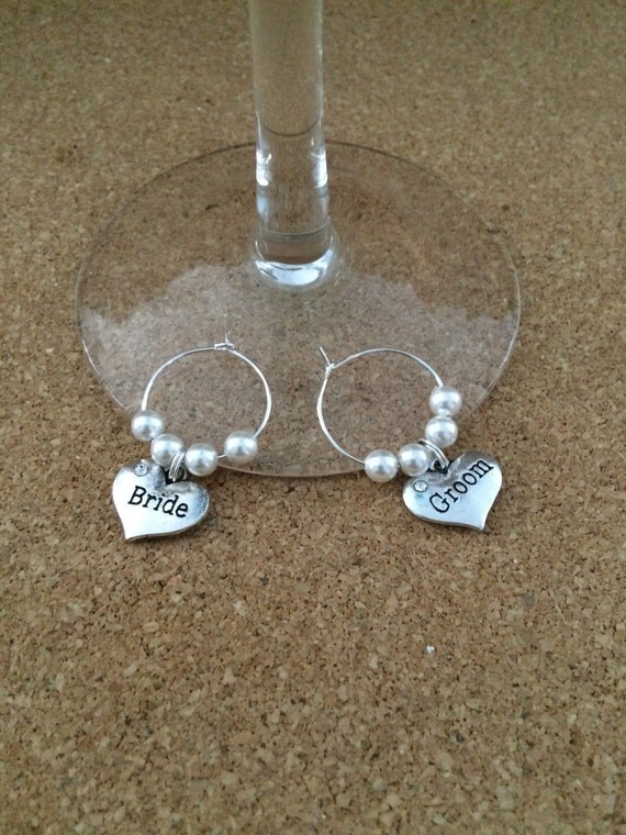 BRIDE & GROOM WINE Glass Charm Holders Swarovski Crystal