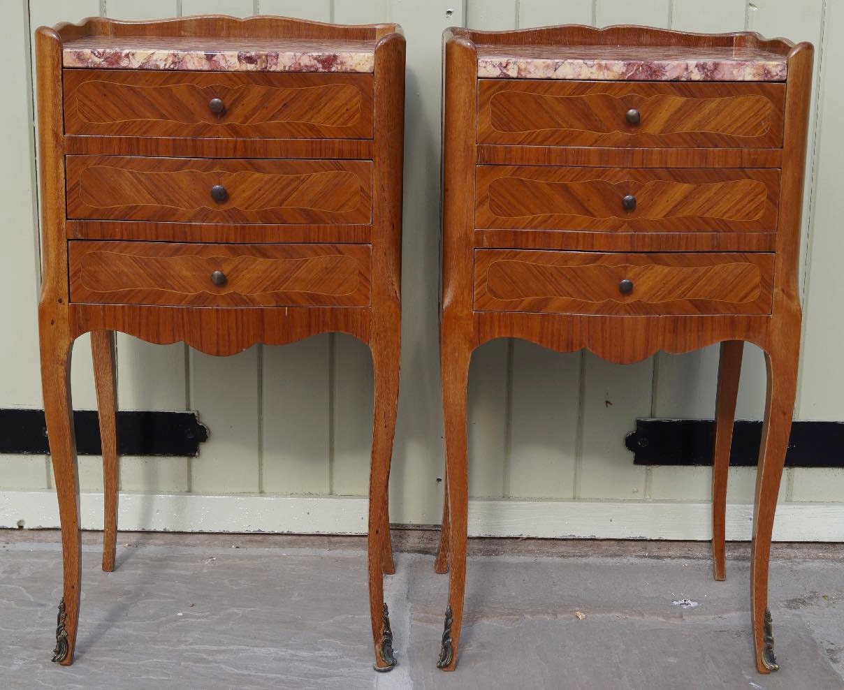 A Pair of Antique French Veneered Marble Topped Bedside Tables Haute