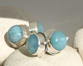 Dominican Larimar Round 12mm Studs Post Earrings .925 Sterling Silver, dolphin atlantis beach boho stone