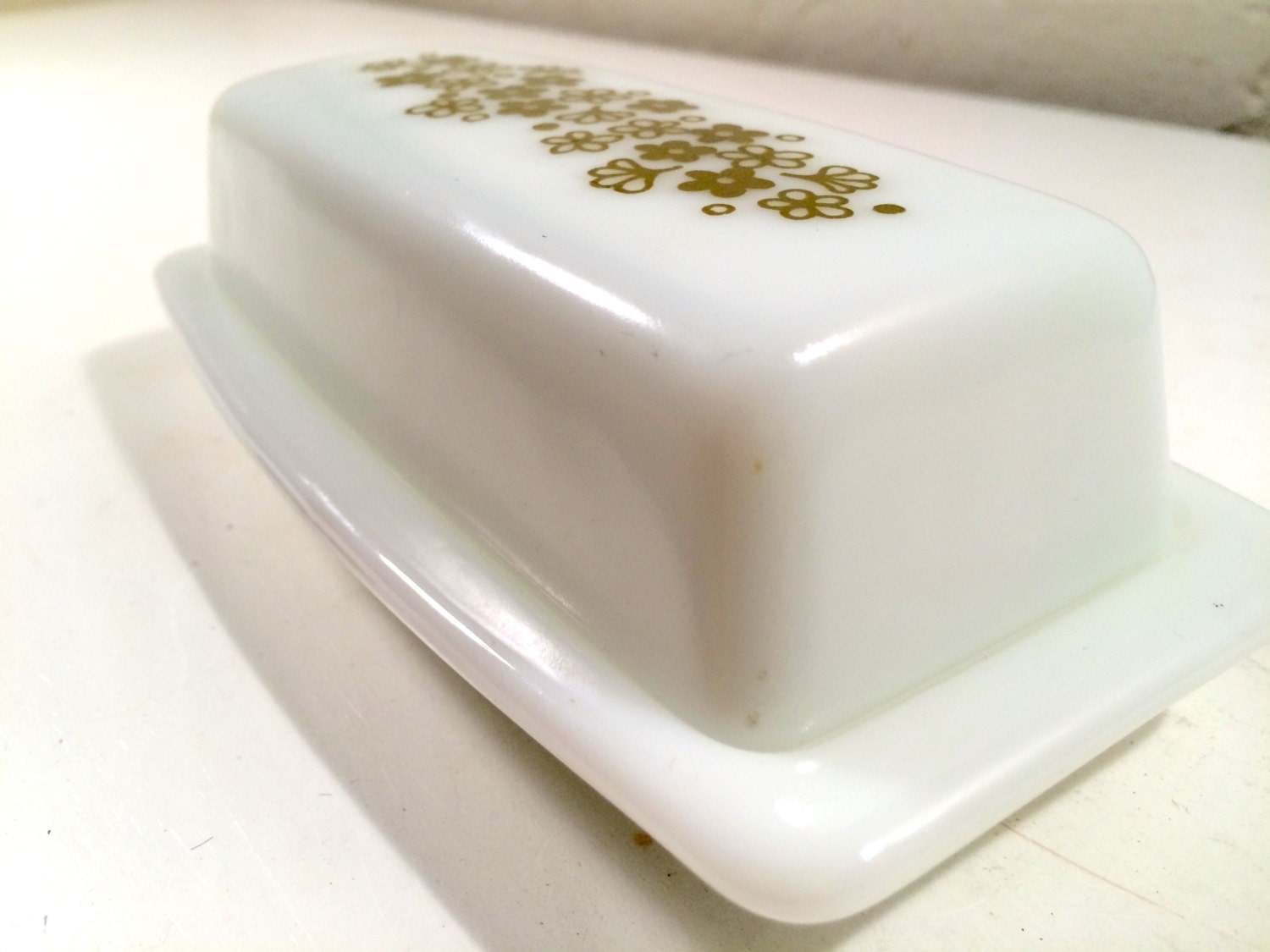 Vintage Pyrex Butter Dish #72-B, 1970’s Milk Glass, Green “Crazy Daisy ...