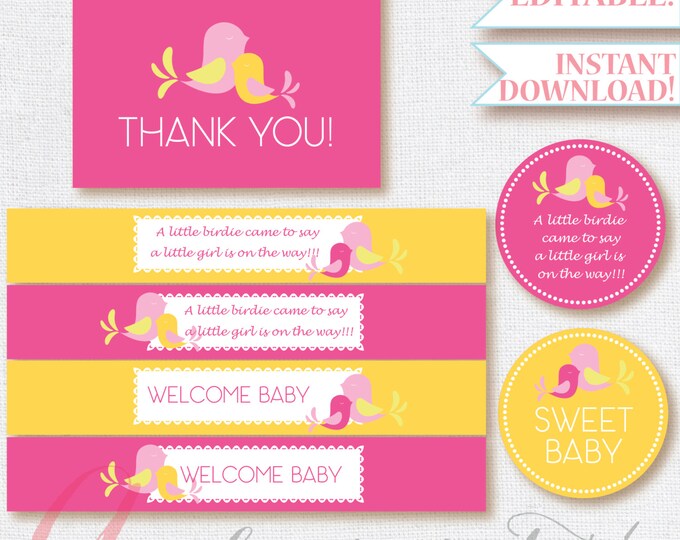 Babyshower Birdie Party Package. Instant download. Printables. Girl birdie Babyshower. Girl babyshower. Editable Babyshower printables.