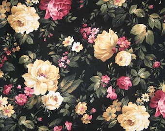 COTTAGE ROSE Fabric By the Yard Fat Quarter Shabby Chic Romantic Floral Roses Flowers Black 100% Cotton Quilting Apparel Fabric BTY t1/39