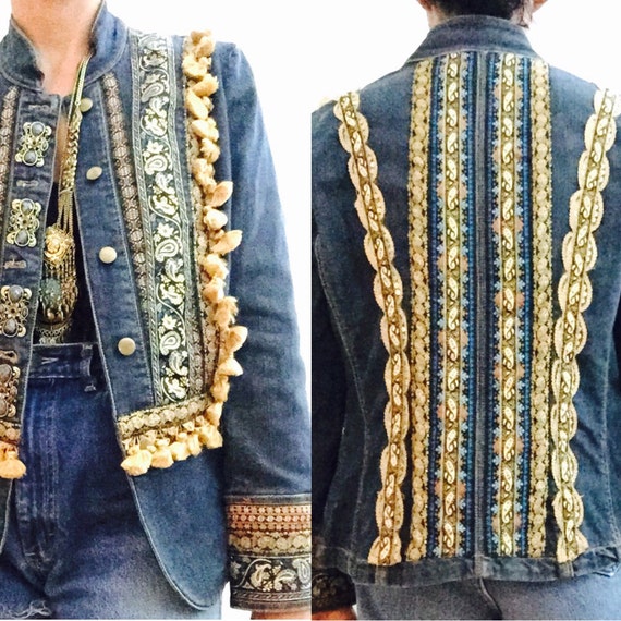 Vintage Upcycled Bohemian Denim Jacket Military Embroidered