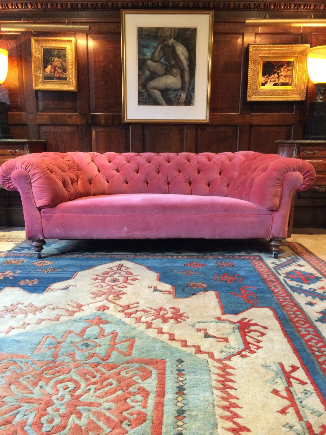 Antique Chesterfield Sofa Three Seater, Shabby Chic, Pink Velvet