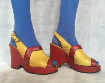Vintage 1970's Rare Leather Platform Slingback Open Toe Block 'McDonalds' coloured Yellow and Red Sandal Wedges Glam Mod Hippy > UK3
