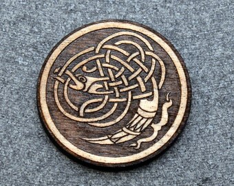 Celtic SINGLE CRANE brooch pin, laser engraved wood, NEW #119