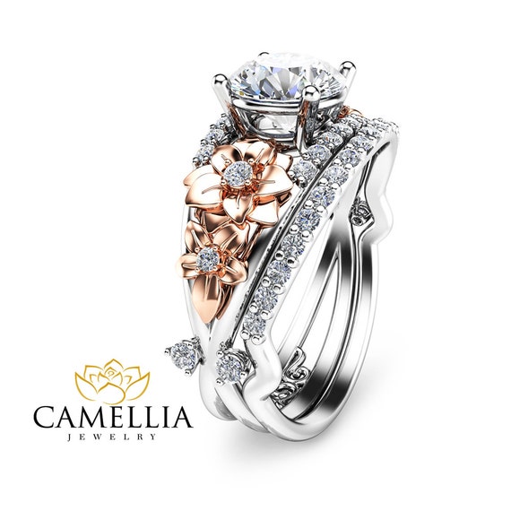 Two Tone Diamond Engagement Ring Set Unique Bridal Set 14K Two