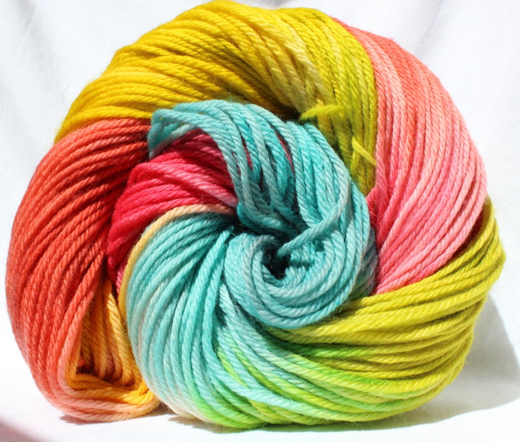Hand dyed yarn aqua / pink / coral / yellow yarn variegated