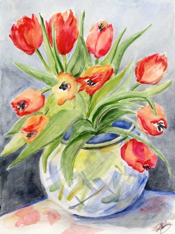 Items similar to Red Tulips in Crystal Vase Watercolor Painting on Etsy