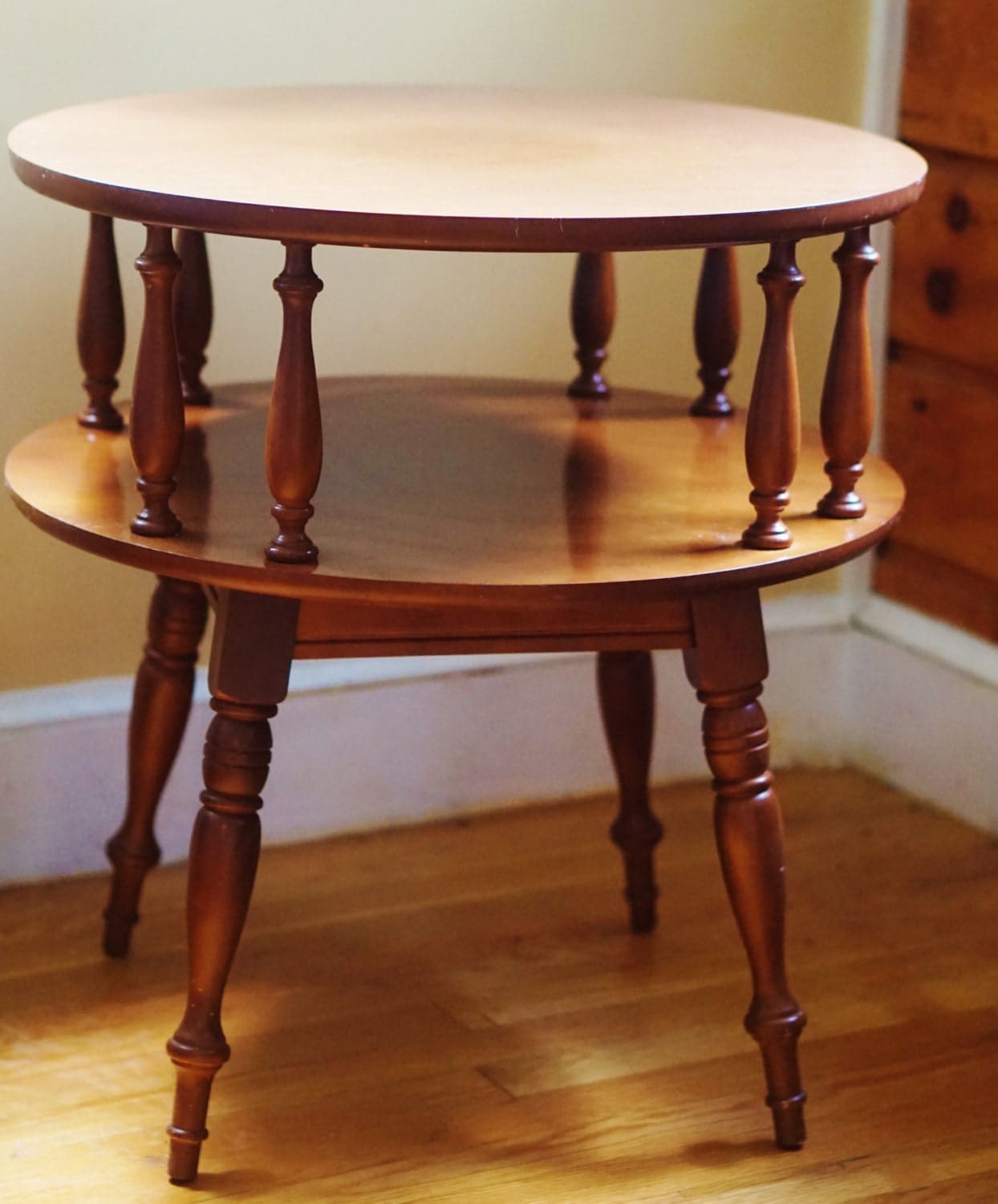 Heywood Wakefield Inspired Side Table Maple Round Two Tier Zoom