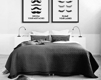 Bathroom wall Decor Groom your mustache/Plump your lashes Bedroom Art set, Set of prints, Hipster room decor 11x17", 8x10"