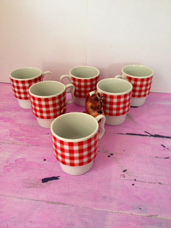 Red Checkered Cups Vintage Coffee Mugs Red by DigginForTreasure