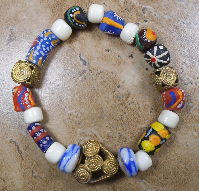 Multi colored trade beads from Ghana and Ethiopian brass