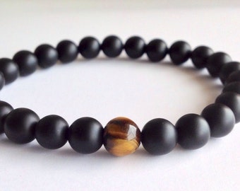 Mens Matte Black Onyx & Tiger Eye Bracelet, Mens Beaded Bracelet, Stretch Bracelet, Bracelet For Men, Free Shipping, Man Bead Bracelet