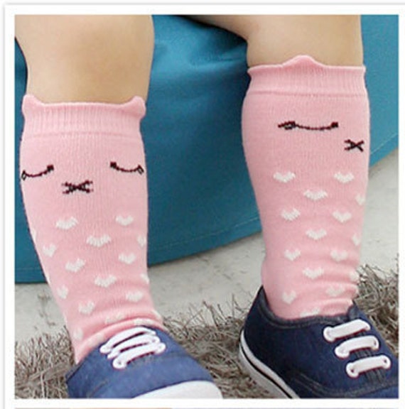 Toddler pink cat knee high socks baby leg by JaneBradyDesigns