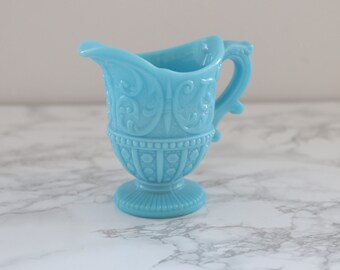 Vintage Portieux Vallerysthal PV France Blue Glass Cream Pitcher