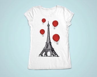 Vintage Paris Eiffel tower and red ballons tshirt / tank top - women girl Tank Top - white grey antique old paris fashion print - NG20
