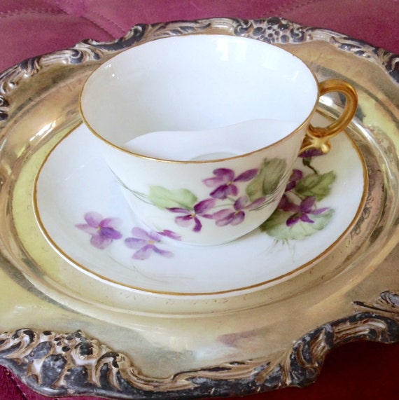 Antique Moustache Cup and Saucer T&V Limoges France Hand Painted Violets Teacup