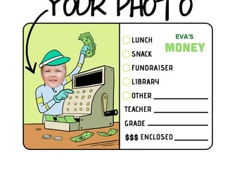 Personalized School Money Stickers (54) | Add Your Name & Face | Custom Labels | Lunch Money | Library Money | Back To School